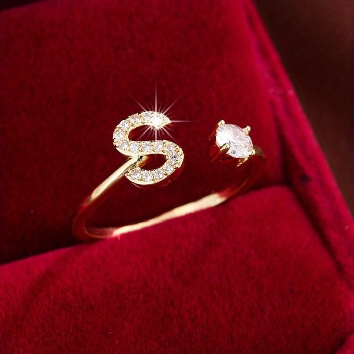 Fashionable 26 English Letters Four-Prong Synthetic Synthetic Zirconia Open Adjustment Ring - Image 31