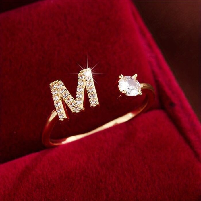 Fashionable 26 English Letters Four-Prong Synthetic Synthetic Zirconia Open Adjustment Ring - Image 3