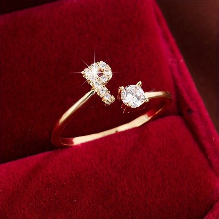 Fashionable 26 English Letters Four-Prong Synthetic Synthetic Zirconia Open Adjustment Ring - Image 28