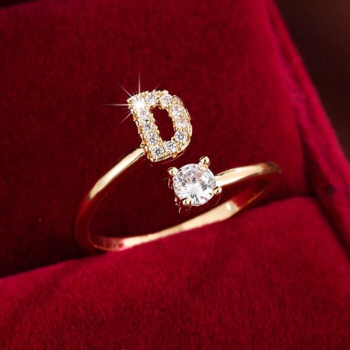 Fashionable 26 English Letters Four-Prong Synthetic Synthetic Zirconia Open Adjustment Ring - Image 17