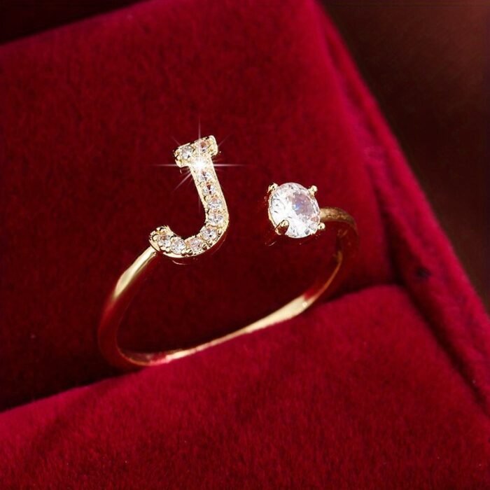 Fashionable 26 English Letters Four-Prong Synthetic Synthetic Zirconia Open Adjustment Ring - Image 24