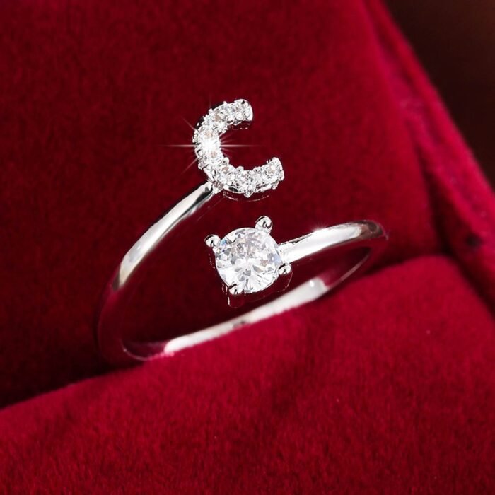 Fashionable 26 English Letters Four-Prong Synthetic Synthetic Zirconia Open Adjustment Ring - Image 41