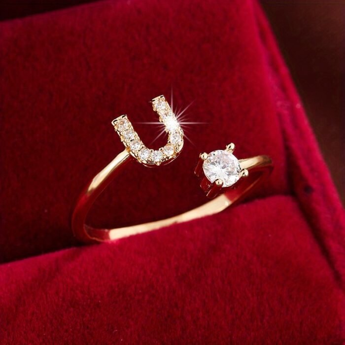 Fashionable 26 English Letters Four-Prong Synthetic Synthetic Zirconia Open Adjustment Ring - Image 33