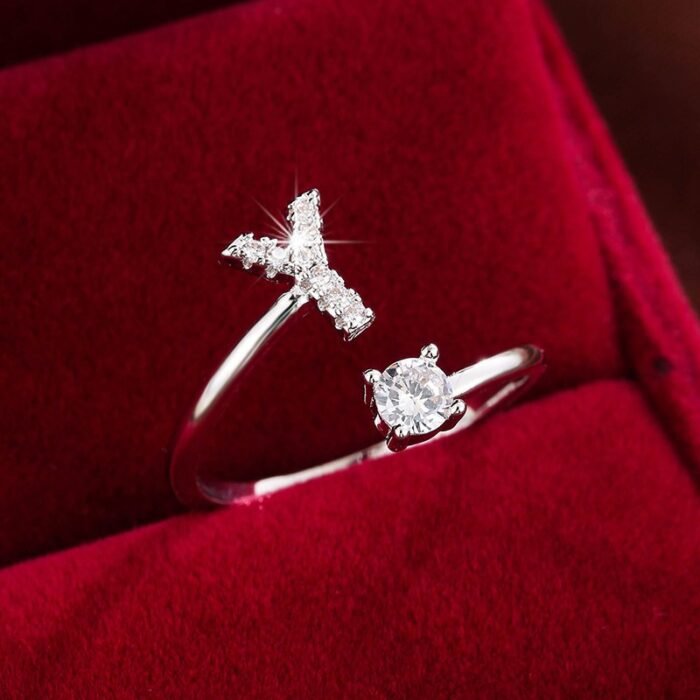 Fashionable 26 English Letters Four-Prong Synthetic Synthetic Zirconia Open Adjustment Ring - Image 61