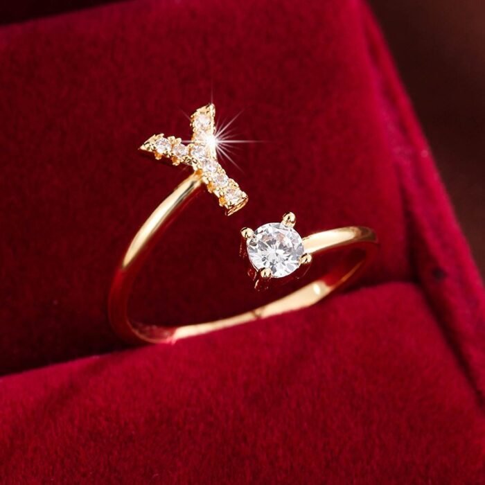 Fashionable 26 English Letters Four-Prong Synthetic Synthetic Zirconia Open Adjustment Ring - Image 37