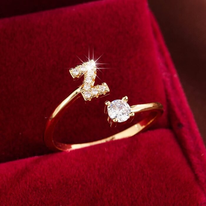 Fashionable 26 English Letters Four-Prong Synthetic Synthetic Zirconia Open Adjustment Ring - Image 38