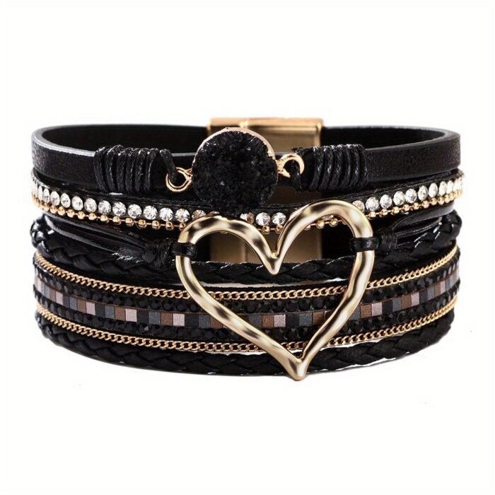 Bohemian Multi-Layer Leather Bracelet Hand-Woven Bracelet Golden Big Heart Ladies Fashion Bracelet - Image 5