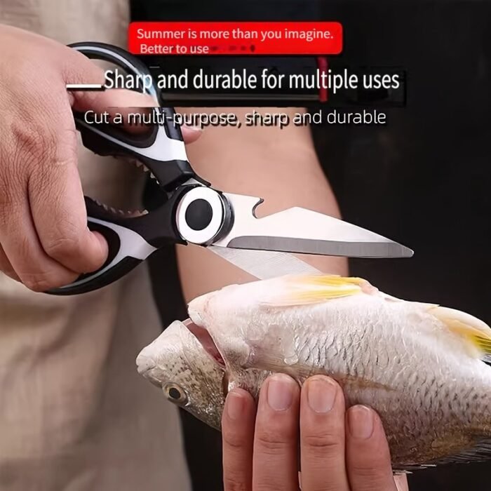 Multi-Purpose Kitchen Shears - Sharp Stainless Steel Food Scissors For Cutting Meat, Fish, And Bones, Ergonomic Black Handles, Ambidextrous Design, Ideal For Home Use, Bbq Essentials, And More, Food Scissors | Serrated Edge Scissors | Durable Kitchen Scissors - Image 5