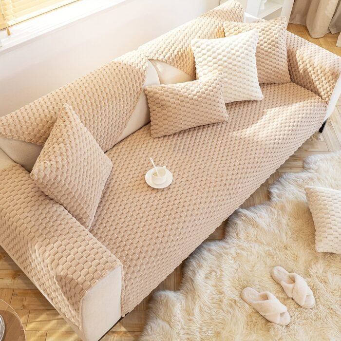 1Pc Honeycomb Velvet Sofa Cover, Pet'S Favorite, Dog Friendly, Couch Cover, Thick Plush Furniture Protector, Fuzzy Non Slip Sofa Slipcover, For Bedroom Office Living Room Home Decor - Image 2