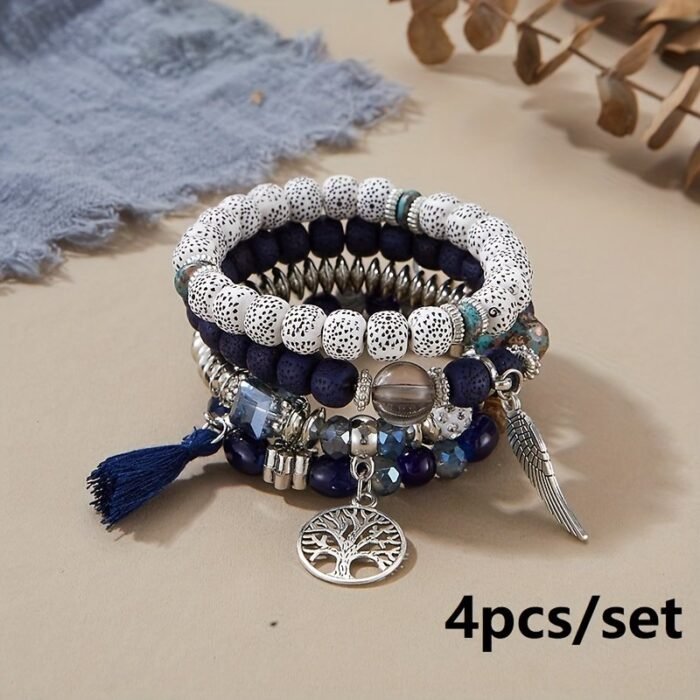 4Pcs Bohemian Tree Of Life & Feather Wing Pendant Bracelets - Handmade Acrylic Couples' Bangle With Tassels, Boho Style Jewelry For Men & Women, Romantic Gift Idea, Bohemian Jewelry, Handcrafted Bracelets - Image 13