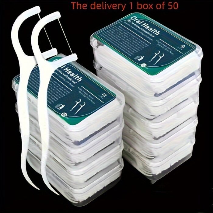 1Box(50Pcs) Ultra-Fine Disposable Dental Floss Sticks - Smooth & Thin Toothpick Line For Oral Care, Portable Family Packaging, Green & White Design, Portable Oral Care | Individual Wrap Floss | Highquality Floss, Flossers For Teeth - Image 1