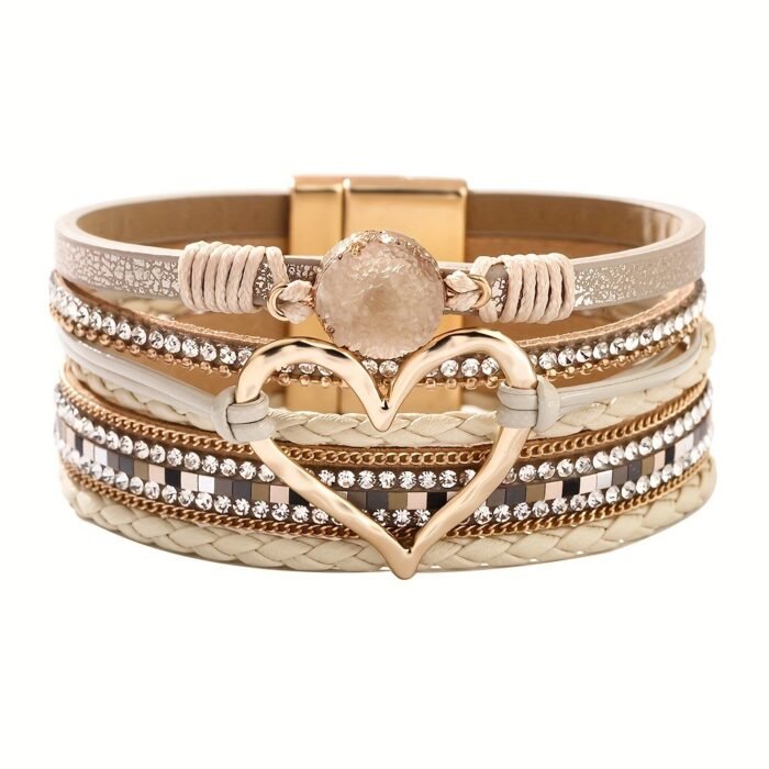 Bohemian Multi-Layer Leather Bracelet Hand-Woven Bracelet Golden Big Heart Ladies Fashion Bracelet - Image 1