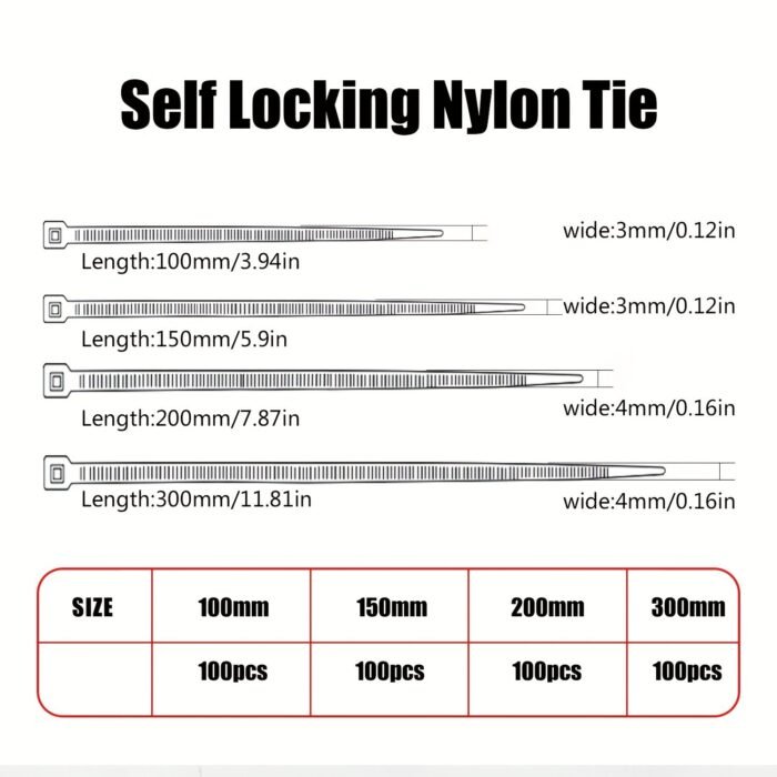 100Pcs Cable Zip Ties White, The Maximum Tensile Strength Of Premium Plastic Wire Ties Clear Is 22.68 Kg, Self-Locking Nylon White Zip Ties For Indoor And Outdoor (4In/ 6In/ 8In/ 12In) - Image 2