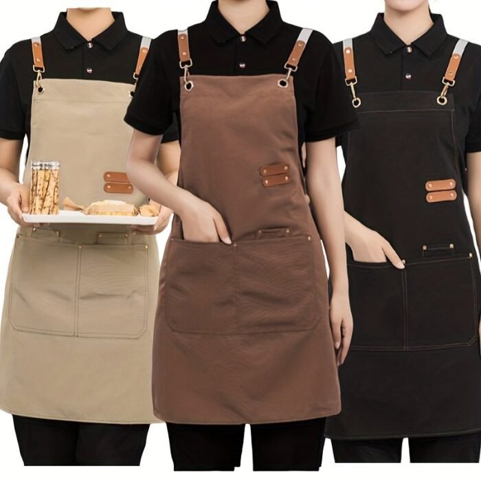 1Pc Canvas Dining Apron With Pockets, Perfect For Coffee Bars, Restaurants, Milk Tea Shop Flower Shop Coffee Baker Waist Overalls For Women - Image 1