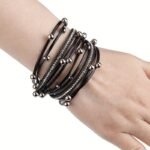 1Pc Multi-Layered Faux Leather Bracelet - Black Layered Chain Design With Rhinestones Accents, Double Wrap Long Bracelet For Women & Men, Everyday & Party Jewelry Gift For Anniversary, Birthday, Valentine'S - Unisex Cuff For Couples, Couple Bracelets, Versatile Fashion Accessory, Bohemian Style, Metallic Accents, Anniversary Present, Durable Accessory, Trendy Accessory - Image 8