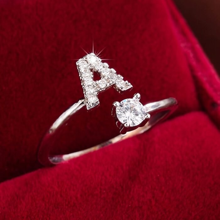 Fashionable 26 English Letters Four-Prong Synthetic Synthetic Zirconia Open Adjustment Ring - Image 14
