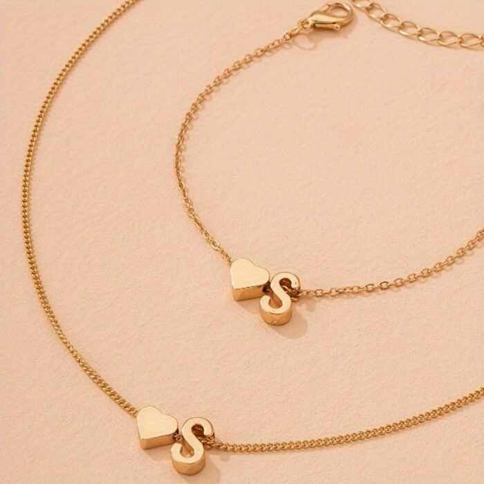 1 Set Vintage Fashion Metal Heart Letter Necklace Bracelet Set European Style 26 English Alphabet Jewelry Set - Image 9