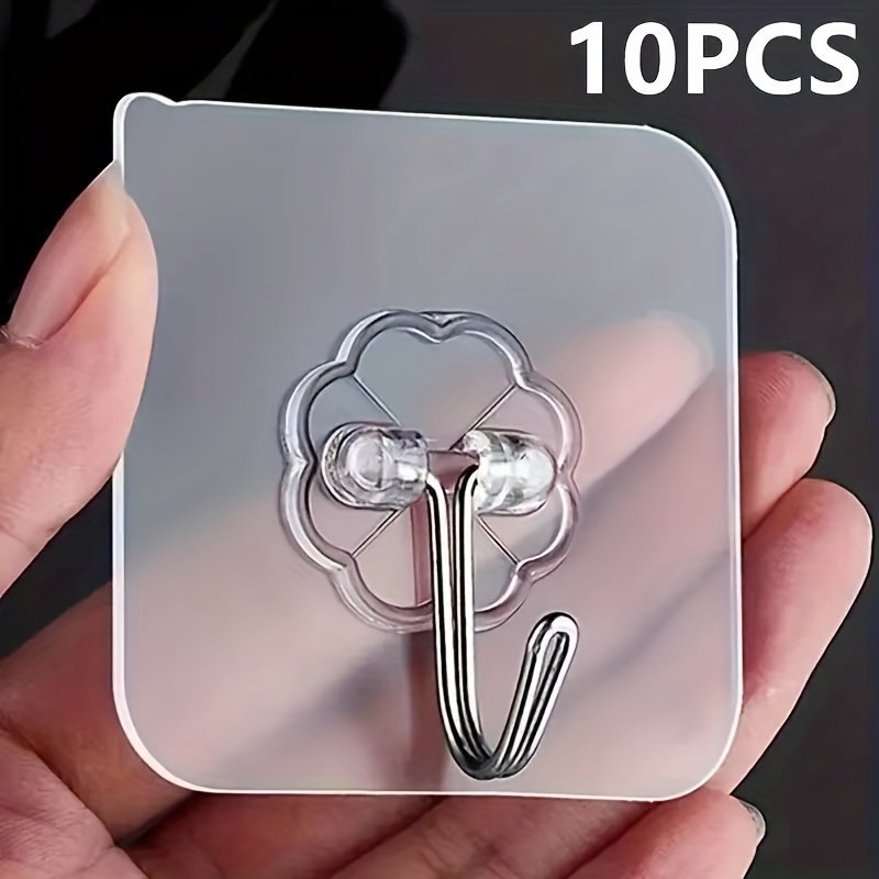 product-Fancyalgo-VirtualModelMatting-3d001cdccc4d606b0751f04b2f6f4bba.jpg 10Pcs Transparent Stainless Steel Multi-Functional Adhesive Hooks For Kitchen, Bathroom Door And Wall Key Storage Hanger, Utility Hooks - Image 1
