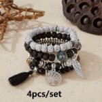 4Pcs Bohemian Tree Of Life & Feather Wing Pendant Bracelets - Handmade Acrylic Couples' Bangle With Tassels, Boho Style Jewelry For Men & Women, Romantic Gift Idea, Bohemian Jewelry, Handcrafted Bracelets - Image 3