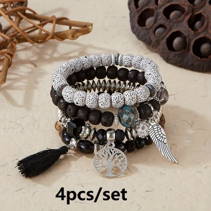 4Pcs Bohemian Tree Of Life & Feather Wing Pendant Bracelets - Handmade Acrylic Couples' Bangle With Tassels, Boho Style Jewelry For Men & Women, Romantic Gift Idea, Bohemian Jewelry, Handcrafted Bracelets - Image 3