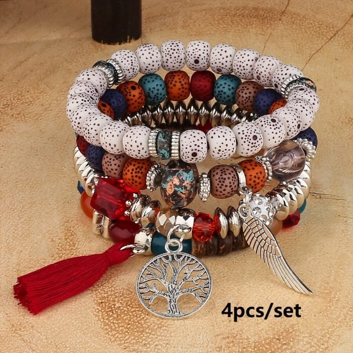 4Pcs Bohemian Tree Of Life & Feather Wing Pendant Bracelets - Handmade Acrylic Couples' Bangle With Tassels, Boho Style Jewelry For Men & Women, Romantic Gift Idea, Bohemian Jewelry, Handcrafted Bracelets - Image 17