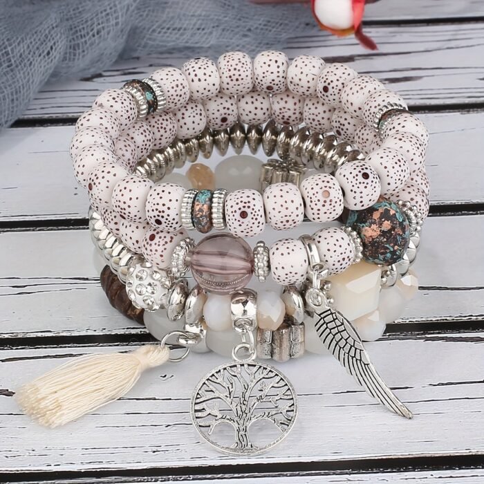 4Pcs Bohemian Tree Of Life & Feather Wing Pendant Bracelets - Handmade Acrylic Couples' Bangle With Tassels, Boho Style Jewelry For Men & Women, Romantic Gift Idea, Bohemian Jewelry, Handcrafted Bracelets - Image 4