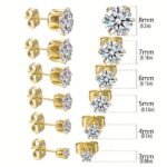 Sparkling Titanium Steel Earrings, 316 Hypoallergenic Stainless Steel Six-Prong Aaa Synthetic Zirconia Studs, 18K Gold-Plated Soft Ear Bone Clasp Jewelry