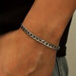 1Pc Men'S Minimalist Stainless Steel Silvery Chain Bracelet Hip Hop Punk Style Fashionable Popular Jewelry Gift Party