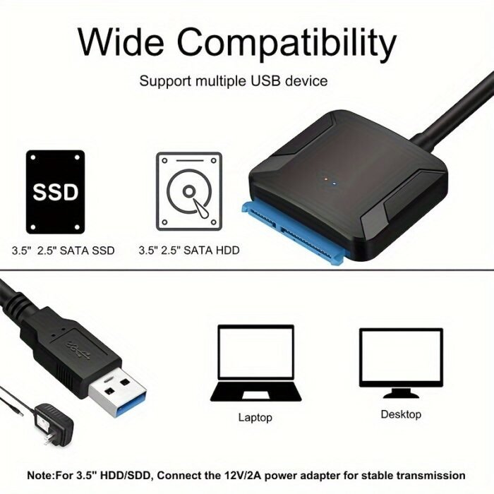 Sata To Usb 3.0 Adapter Cable For 6.35/8.89 Cm Hdd/Ssd - High-Speed Data Transfer, Uasp Support, External Hard Drive Converter With Dual-Interface (Usb 3.0 & Sata), No Battery Needed, Easy Installation, Data Transfer Cable | Sata Interface | Durable Cable - Image 6