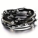 1Pc Multi-Layered Faux Leather Bracelet - Black Layered Chain Design With Rhinestones Accents, Double Wrap Long Bracelet For Women & Men, Everyday & Party Jewelry Gift For Anniversary, Birthday, Valentine'S - Unisex Cuff For Couples, Couple Bracelets, Versatile Fashion Accessory, Bohemian Style, Metallic Accents, Anniversary Present, Durable Accessory, Trendy Accessory