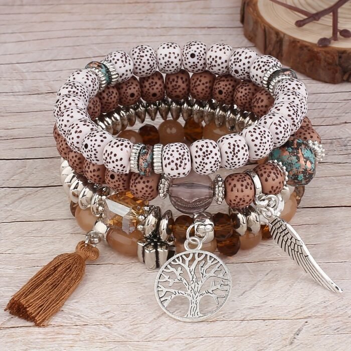 4Pcs Bohemian Tree Of Life & Feather Wing Pendant Bracelets - Handmade Acrylic Couples' Bangle With Tassels, Boho Style Jewelry For Men & Women, Romantic Gift Idea, Bohemian Jewelry, Handcrafted Bracelets - Image 8