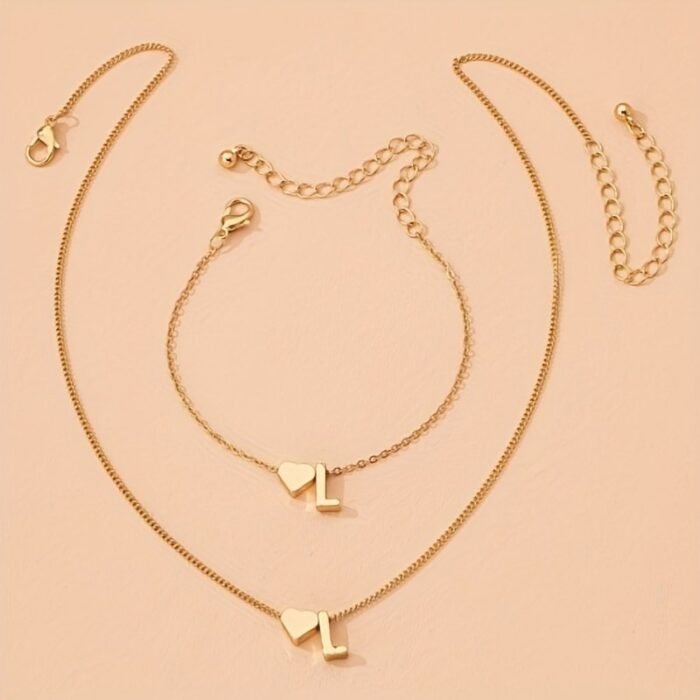 1 Set Vintage Fashion Metal Heart Letter Necklace Bracelet Set European Style 26 English Alphabet Jewelry Set - Image 10