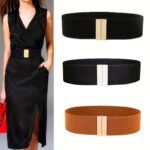 Metal Buckle Wide Belt Monochrome Stylish Stretch Waistband Women'S Dress Corset Waist Decoration Girdle