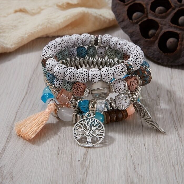 4Pcs Bohemian Tree Of Life & Feather Wing Pendant Bracelets - Handmade Acrylic Couples' Bangle With Tassels, Boho Style Jewelry For Men & Women, Romantic Gift Idea, Bohemian Jewelry, Handcrafted Bracelets - Image 6