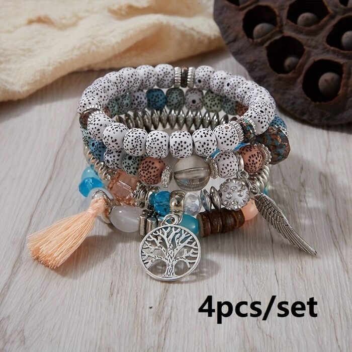 4Pcs Bohemian Tree Of Life & Feather Wing Pendant Bracelets - Handmade Acrylic Couples' Bangle With Tassels, Boho Style Jewelry For Men & Women, Romantic Gift Idea, Bohemian Jewelry, Handcrafted Bracelets - Image 15