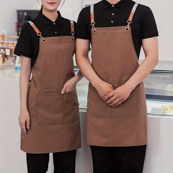 1Pc Canvas Dining Apron With Pockets, Perfect For Coffee Bars, Restaurants, Milk Tea Shop Flower Shop Coffee Baker Waist Overalls For Women - Image 2