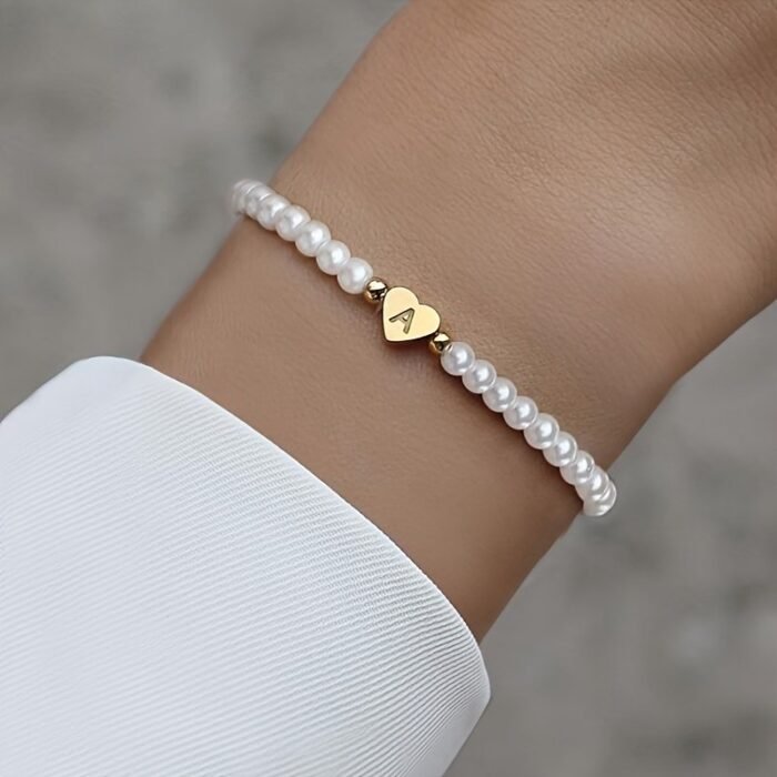 A-Z Heart Initial Bracelet For Women - 14K Golden Plated Stainless Steel With Imitation Imitation Pearl, Elegant Everyday Jewelry Gift For Valentine?S Day, Anniversary, Birthday - Image 1