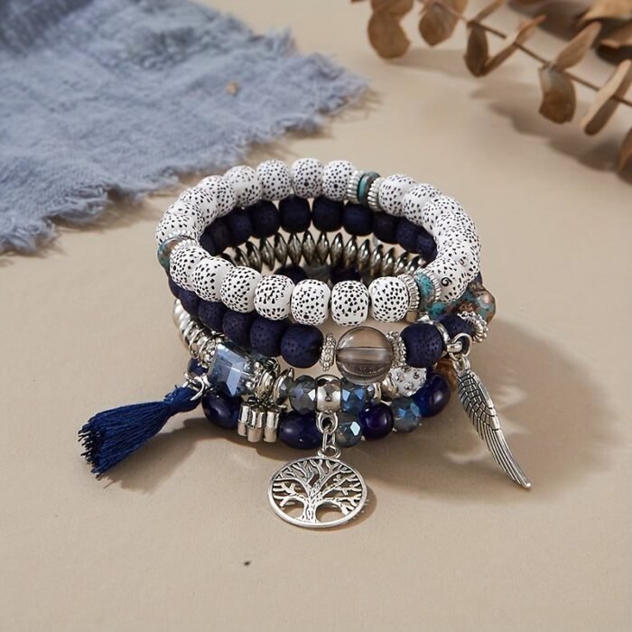 4Pcs Bohemian Tree Of Life & Feather Wing Pendant Bracelets - Handmade Acrylic Couples' Bangle With Tassels, Boho Style Jewelry For Men & Women, Romantic Gift Idea, Bohemian Jewelry, Handcrafted Bracelets - Image 12
