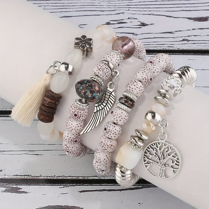 4Pcs Bohemian Tree Of Life & Feather Wing Pendant Bracelets - Handmade Acrylic Couples' Bangle With Tassels, Boho Style Jewelry For Men & Women, Romantic Gift Idea, Bohemian Jewelry, Handcrafted Bracelets - Image 1