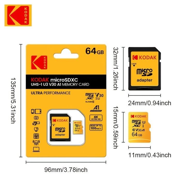The Kodak High-Speed U3 Micro Tf Includes Sd Adapters Of 32G, 64G, 128G, And 256G. The Uhs-I Provides Excellent Value And Is Ideal For High-Speed Tf Storage At 4K/120Fps, Making It Compatible With Smartphones, Camera Storage, Action Cameras, Car Audio, And More. - Image 4