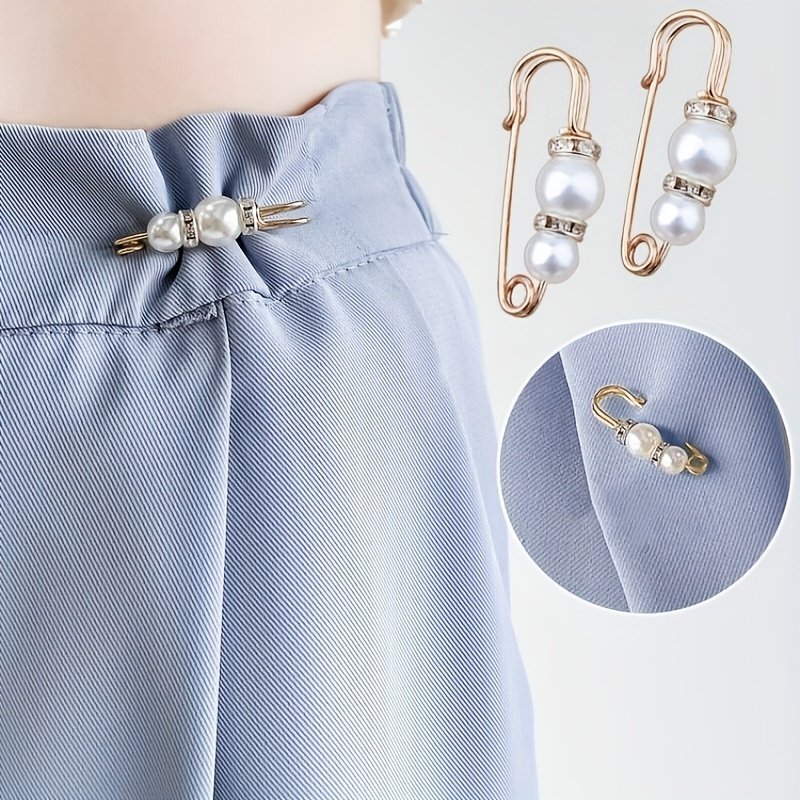 product-Fancyalgo-VirtualModelMatting-e6b5a426c636650bff4bcb64c33f6f0a.jpg 2Pcs Elegant Faux Pearl Waist Tightener Pins - Chic Golden-Tone Clothing Adjusters For Perfect Fit Skirts & Pants, Secure & Stylish Accessory For Women - Image 1