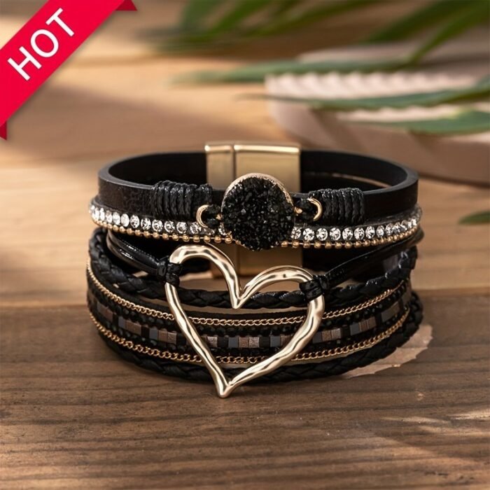 Elegant Boho Chic Love Heart Magnetic Clasp Bracelet - Multi-Layer Pu Leather With Black Braided Design & Crystal Accents, Golden-Tone Metal Heart Pendant, Everyday Bohemian Style Jewelry For Women, Heart Jewelry - Image 1
