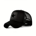 Men'S Black Mesh Baseball Cap With Star Logo - Breathable Six-Panel Design, Adjustable Fit, Casual Sporty Style For Outdoor Activities, Baseball Cap, Summer Headwear, Stylish Headgear, Durable Headwear, Mesh Fabric Cap, Streetwear Lovers, Lightweight Headwear, Streetwear Enthusiasts