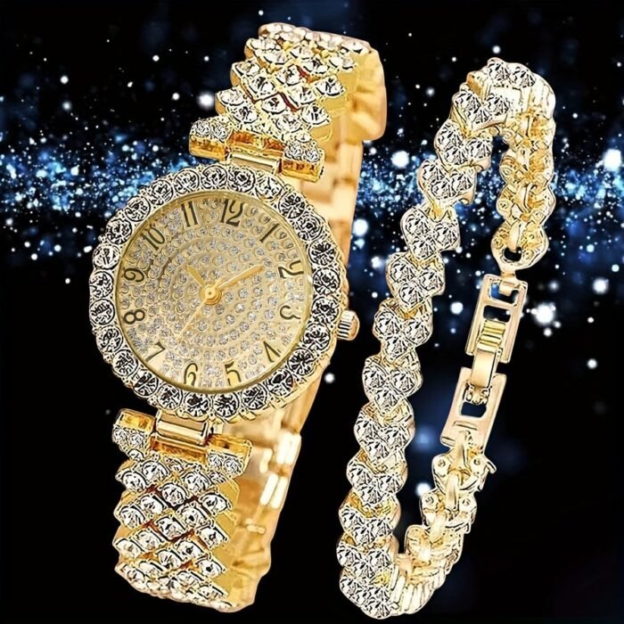 2Pcs Elegant Rhinestone Watch Stainless Steel Fashion Minimalist Luxury Full Rhinestone Bracelet Quartz Watch Gifts For Eid - Image 1