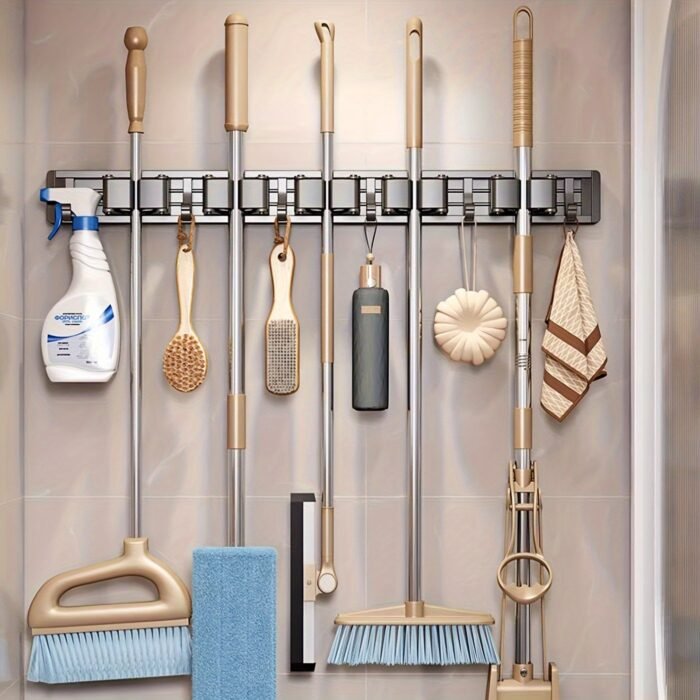 1Pc Bathroom Storage Rack Metal Mop & Broom Holder With Adjustable Hooks, Wall-Mounted Storage Organizer For Home, Kitchen, Garden, Laundry, Garage - Lacquered Finish, Space-Saving Shelf For Mops, Brooms, Tools, Shelves - Image 2