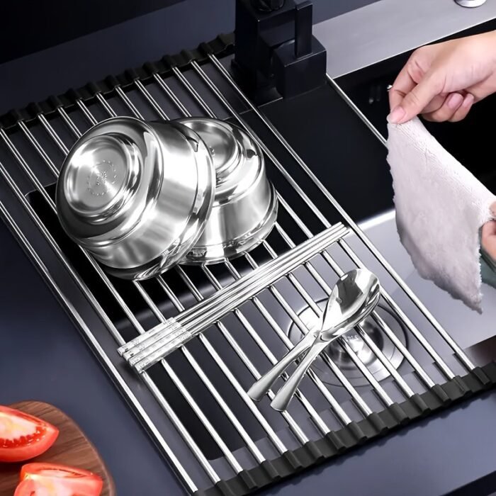 1Pc Deluxe Roll-Up Stainless Steel Dish Drying Rack - Space-Saving Over-The-Sink Design, Portable & Anti-Rust, Easy To Clean Kitchen Sink Organizer For Small Spaces, Dish Drying Rack For Kitchen Counter, Sleek Metallic Finish, Durable Construction - Image 9