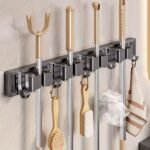 1Pc Bathroom Storage Rack Metal Mop & Broom Holder With Adjustable Hooks, Wall-Mounted Storage Organizer For Home, Kitchen, Garden, Laundry, Garage - Lacquered Finish, Space-Saving Shelf For Mops, Brooms, Tools, Shelves - Image 14