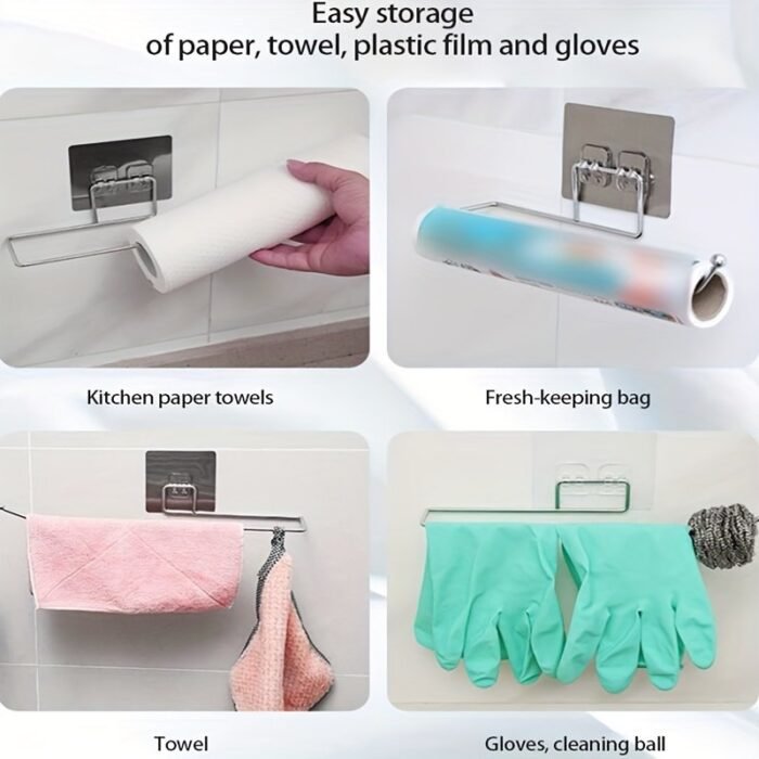 1Pc Paper Towel Holder, Wall-Mounted Stainless Steel Paper Towel Storage Rack, Household Perforation-Free Paper Towel Rack, For Living Room, Bathroom And Kitchen, Home Organizers And Storage, Home Accessories - Image 9