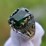 1Pc Ornate Alloy Statement Ring With Green Glass & Golden Accents - Durable Fashion Jewelry For Parties, Birthdays, Holidays - Multiple Sizes Available