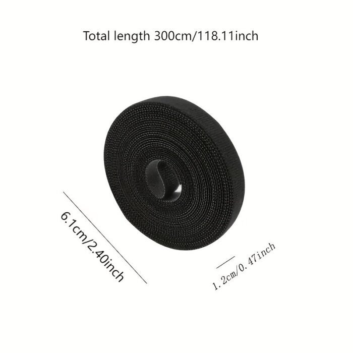 1 Roll - 300Cm Black Nylon Cable Organizer Strap, Durable Hook And Loop Cord Winder For Efficient Cable Management In Home, Travel & Outdoor Use - Image 2